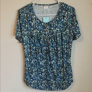 Blue Floral Short-Sleeve Button Front Tee